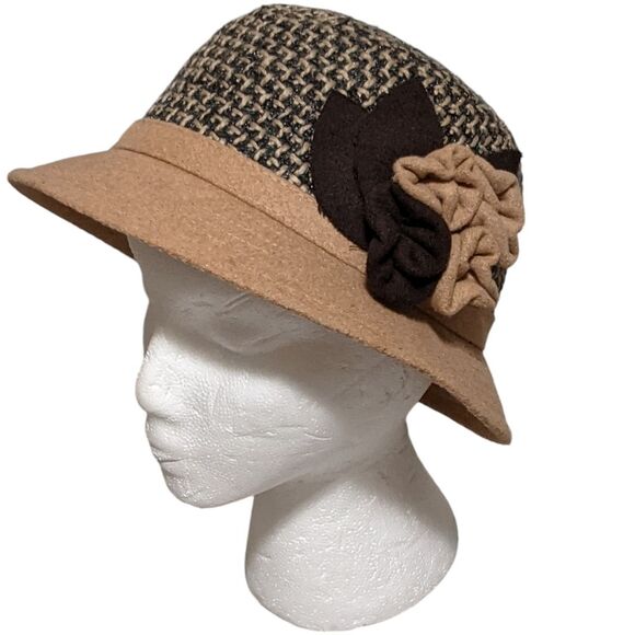 Toffee Apple tweed like fedora hat side flower OS - Picture 2 of 12